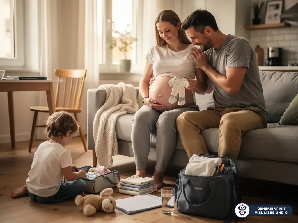 Schwangere im Wohnzimmer mit Partner, Kind, Babykleidung und gepackter Kliniktasche in der 37. SSW (mit KI erstellt)