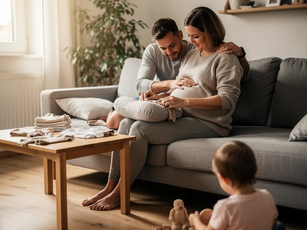 Schwangere in der 32. SSW sitzt mit Partner auf dem Sofa, Babybauch und Babysachen liegen im Wohnzimmer bereit.