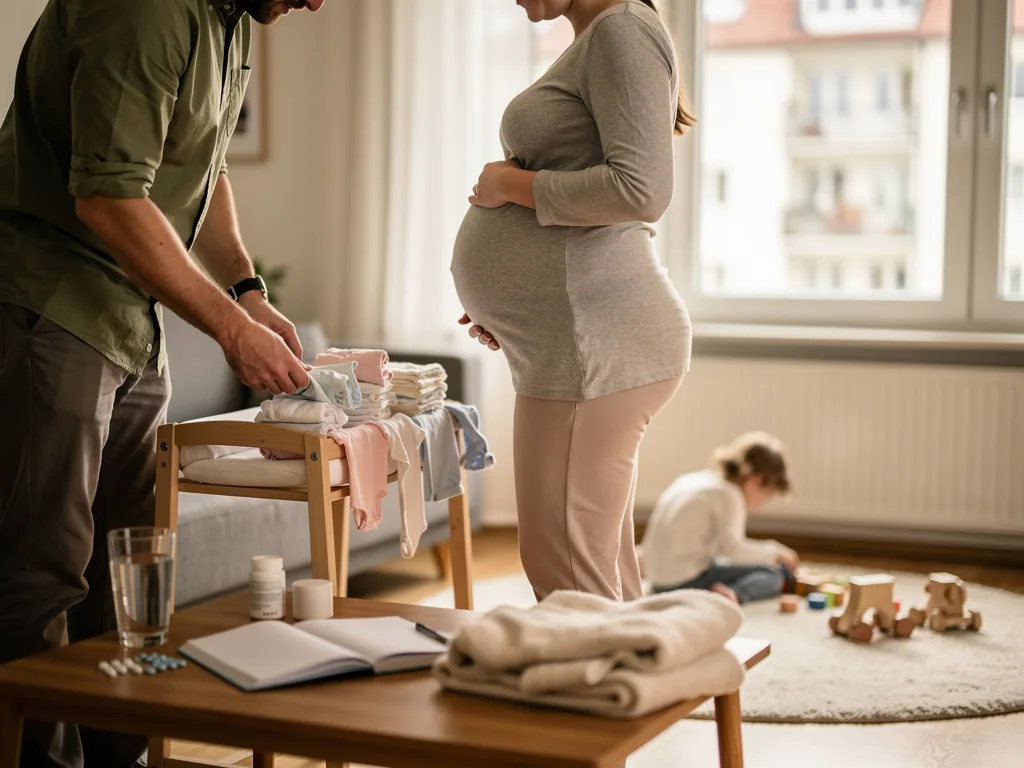 Schwangere in der 33. SSW steht neben Partner, der Babykleidung auf einem Wickeltisch sortiert; Kind spielt im Hintergrund.