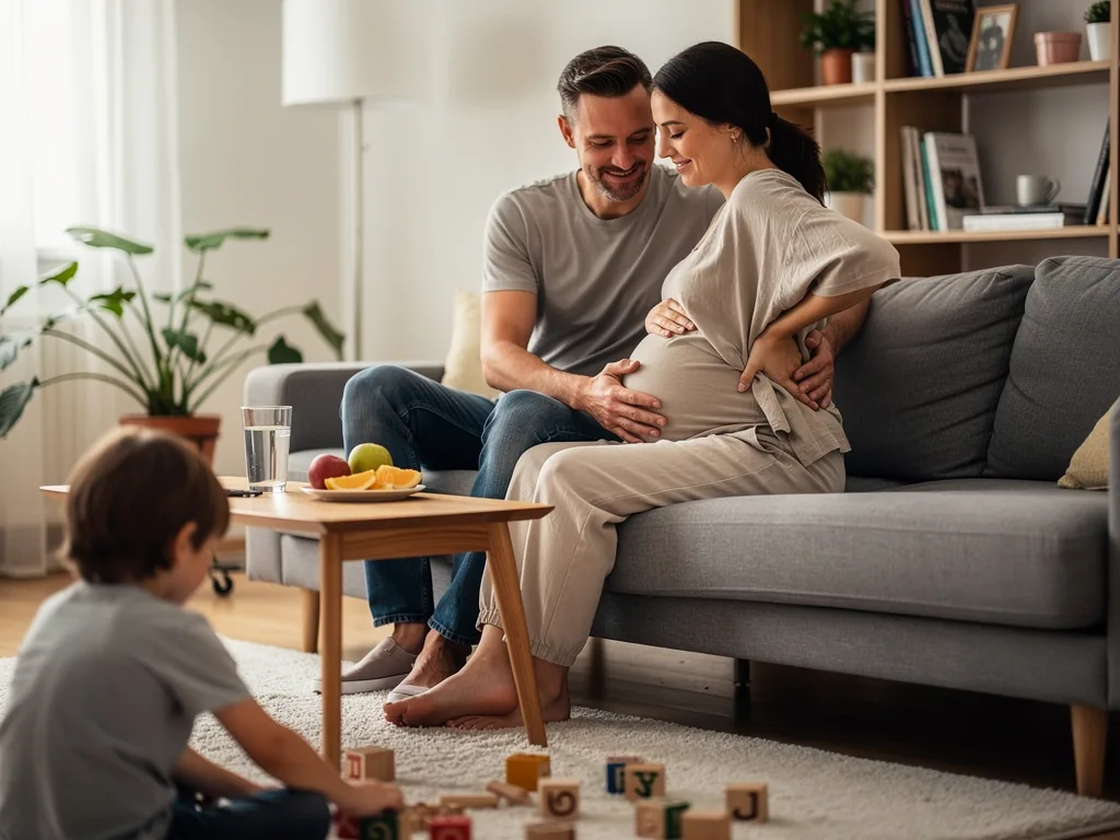 Schwangere in der 36. SSW sitzt mit Partner auf dem Sofa, ein Kind spielt im Wohnzimmer mit Bauklötzen.