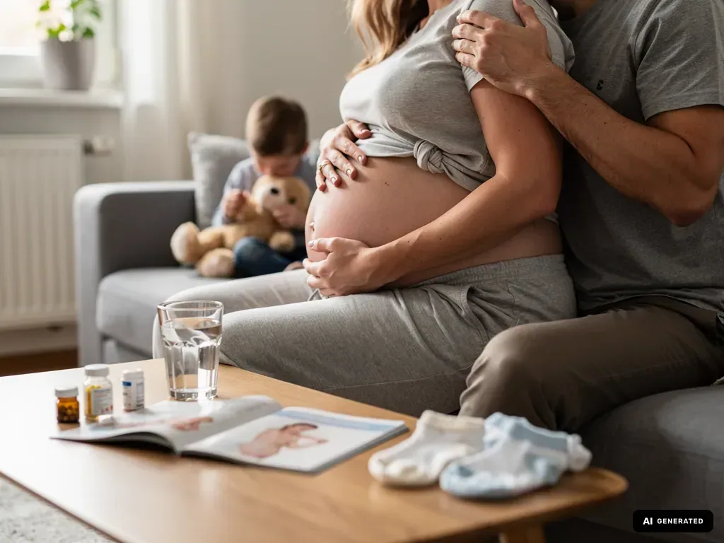 Schwangere in der 36. SSW sitzt mit Partner auf dem Sofa, Kind im Hintergrund, Babyartikel auf dem Tisch. (mit KI erstellt)