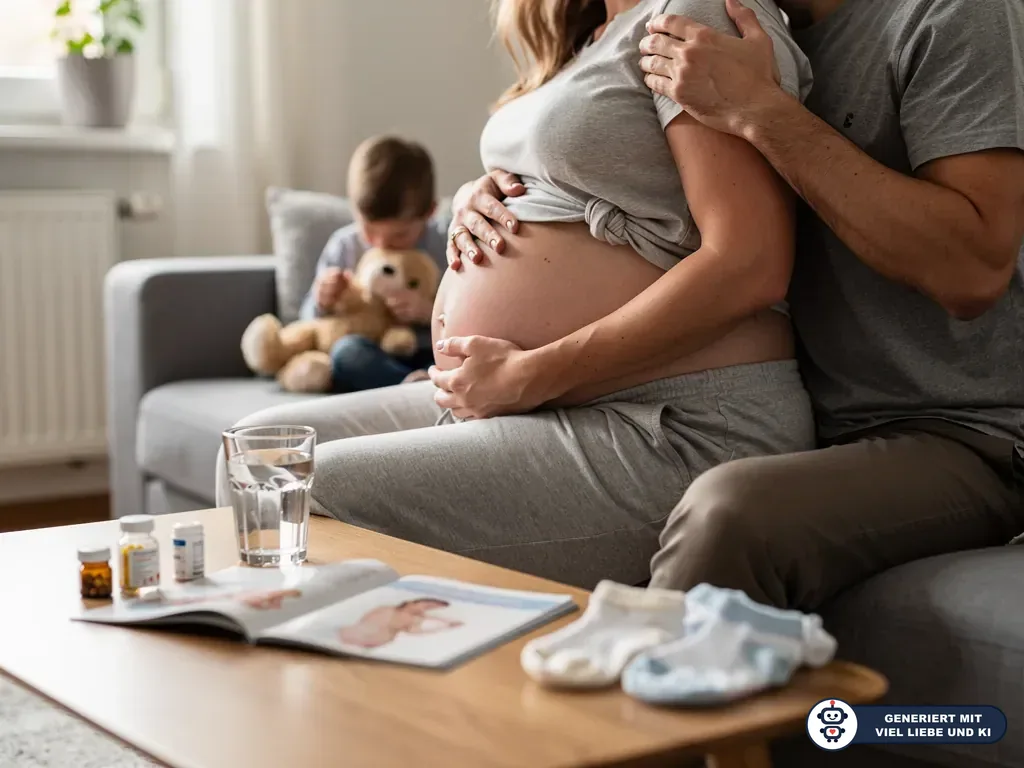 Schwangere in der 36. SSW sitzt mit Partner auf dem Sofa, Kind im Hintergrund, Babyartikel auf dem Tisch. (mit KI erstellt)