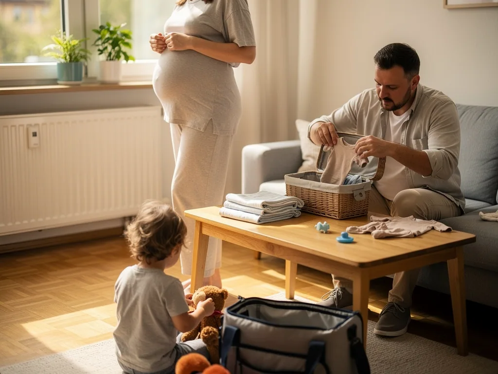 Schwangere in der 37. SSW steht im Wohnzimmer, Vater packt Babysachen, Kleinkind sitzt daneben.