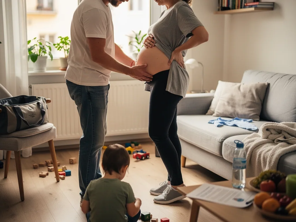 Schwangere in der 40. SSW steht im Wohnzimmer, Partner hält ihren Bauch, Kind spielt am Boden.