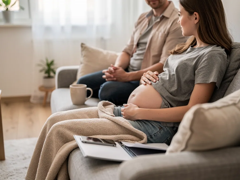 Schwangere Jugendliche sitzt mit Unterlagen auf dem Sofa und spricht mit einem Erwachsenen im hellen Wohnzimmer.