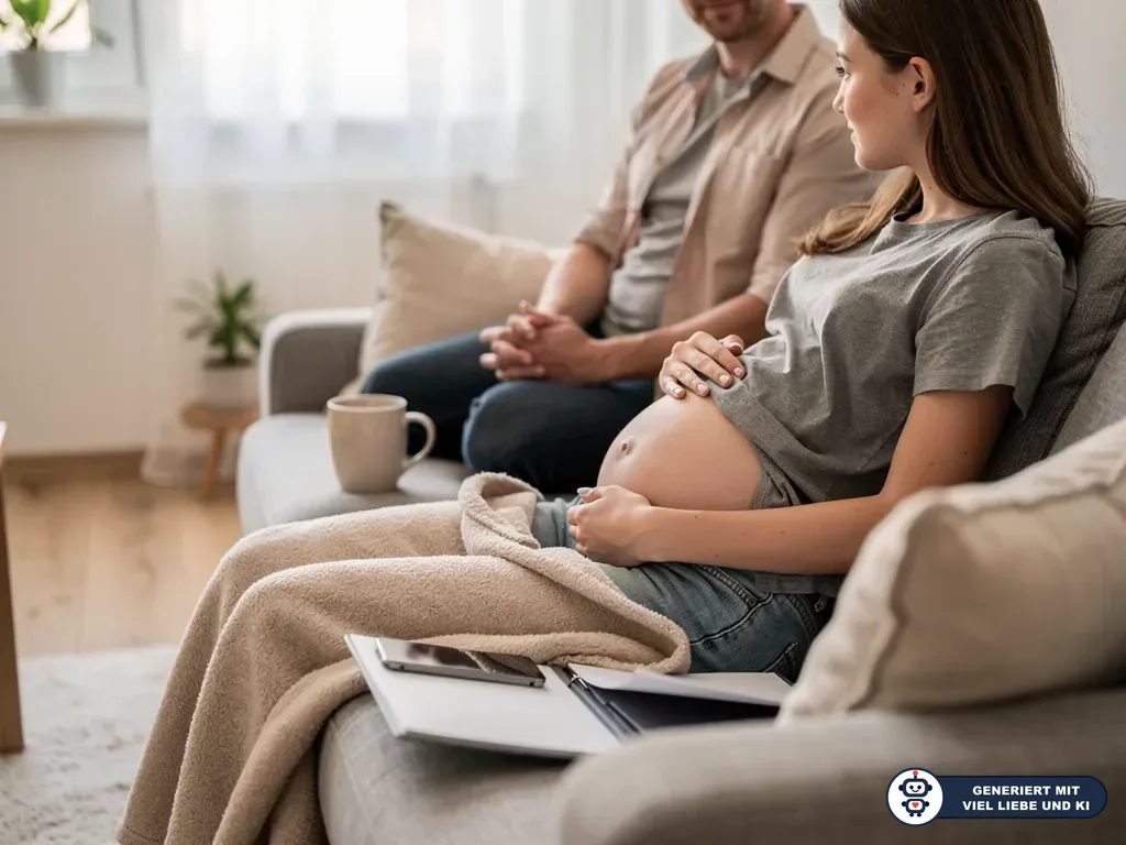 Schwangere Jugendliche sitzt mit Unterlagen auf dem Sofa und spricht mit einem Erwachsenen im hellen Wohnzimmer. (mit KI erstellt)