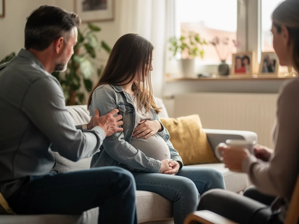 Schwangere Jugendliche sitzt mit Vater und Beraterin im Wohnzimmer; der Vater legt ihr unterstützend eine Hand auf den Arm.