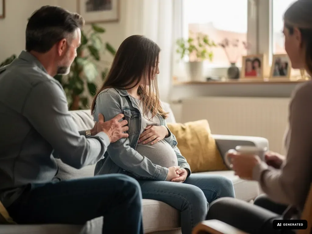 Schwangere Jugendliche sitzt mit Vater und Beraterin im Wohnzimmer; der Vater legt ihr unterstützend eine Hand auf den Arm. (mit KI erstellt)