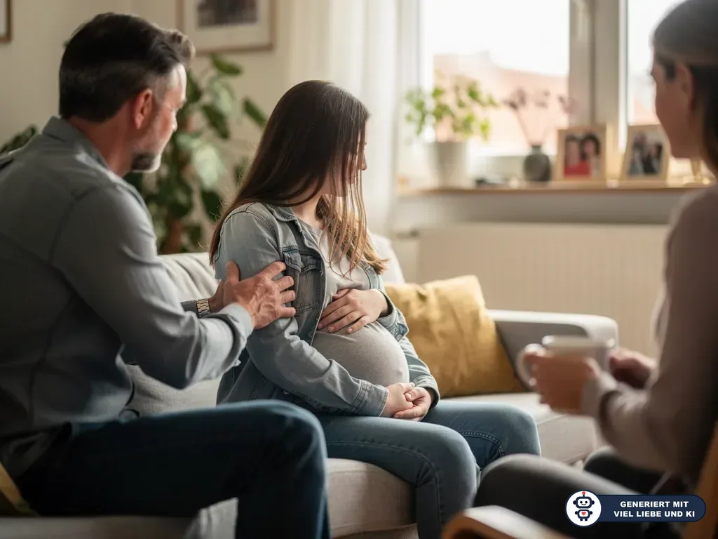 Schwangere Jugendliche sitzt mit Vater und Beraterin im Wohnzimmer; der Vater legt ihr unterstützend eine Hand auf den Arm. (mit KI erstellt)