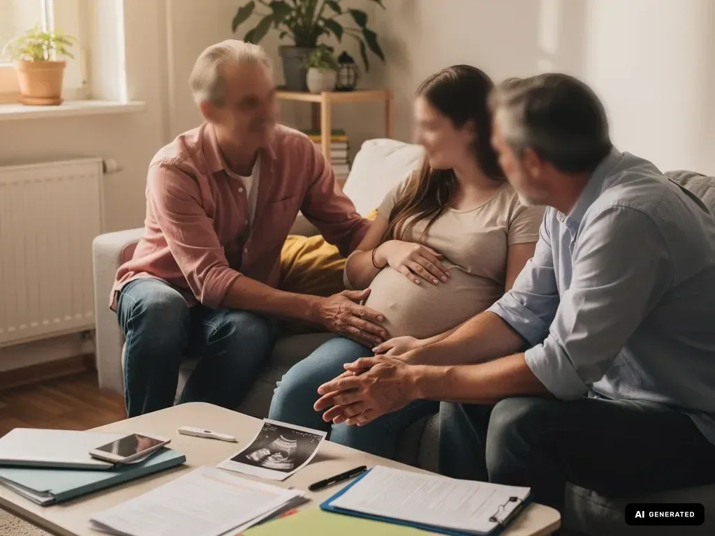 Schwangere Jugendliche sitzt mit zwei Erwachsenen auf dem Sofa; Ultraschallbild und Unterlagen liegen auf dem Tisch. (mit KI erstellt)