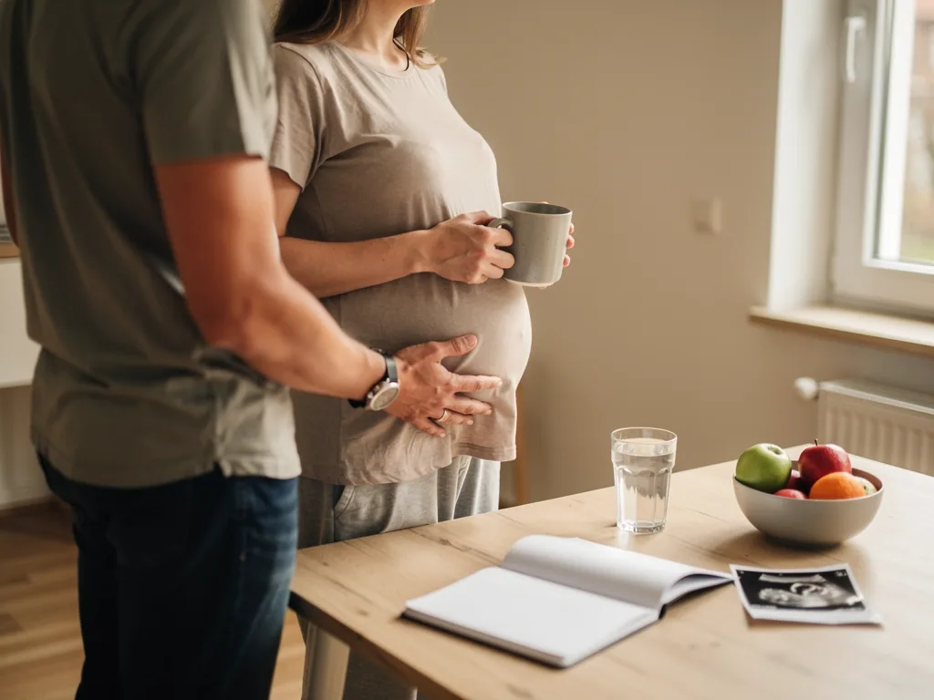 Schwangere mit Babybauch hält eine Tasse, Partner legt die Hand auf ihren Bauch; daneben Tisch mit Ultraschallbild.