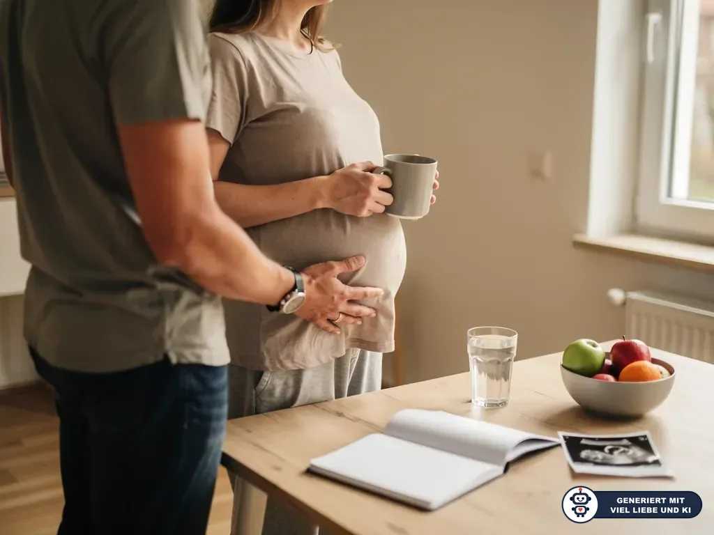 Schwangere mit Babybauch hält eine Tasse, Partner legt die Hand auf ihren Bauch; daneben Tisch mit Ultraschallbild. (mit KI erstellt)
