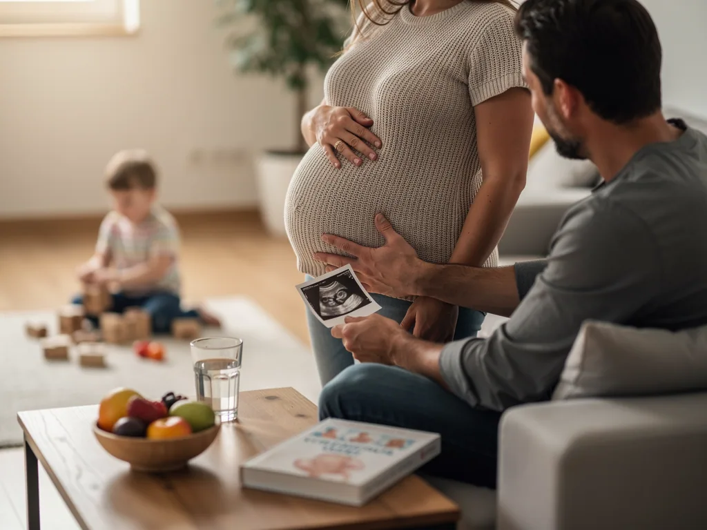 Schwangere mit Babybauch, Partner mit Ultraschallbild und Kind im Wohnzimmer in der 24. SSW