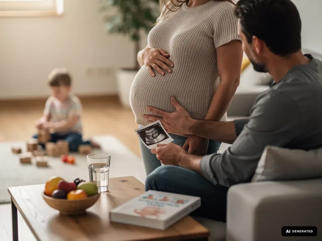 Schwangere mit Babybauch, Partner mit Ultraschallbild und Kind im Wohnzimmer in der 24. SSW (mit KI erstellt)