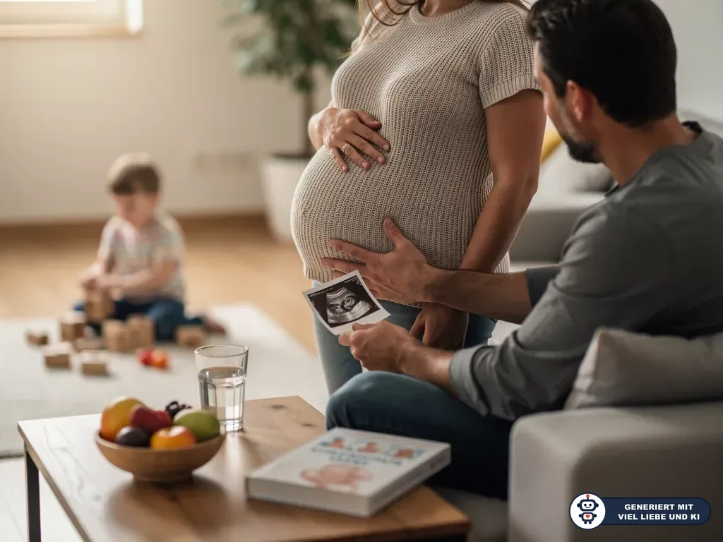Schwangere mit Babybauch, Partner mit Ultraschallbild und Kind im Wohnzimmer in der 24. SSW (mit KI erstellt)