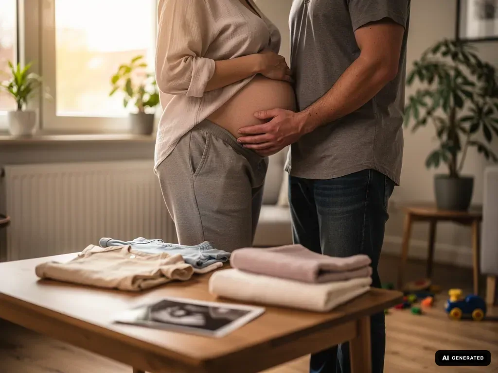 Schwangere mit Babybauch und Partner im Wohnzimmer, vor ihnen Babykleidung und Ultraschallbild auf dem Tisch. (mit KI erstellt)