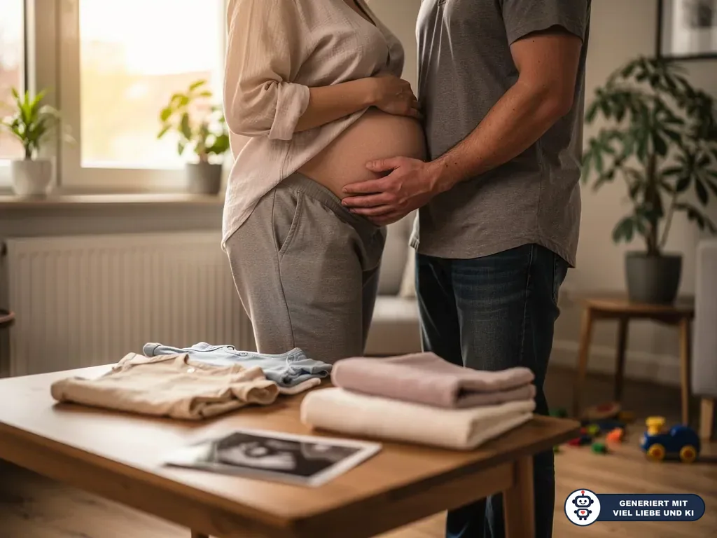 Schwangere mit Babybauch und Partner im Wohnzimmer, vor ihnen Babykleidung und Ultraschallbild auf dem Tisch. (mit KI erstellt)