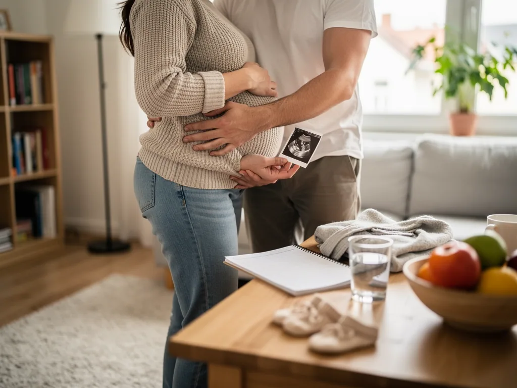 Schwangere mit Partner, der ihren Bauch hält und ein Ultraschallbild zeigt, im Wohnzimmer neben Baby-Schuhen.