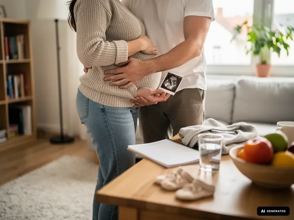 Schwangere mit Partner, der ihren Bauch hält und ein Ultraschallbild zeigt, im Wohnzimmer neben Baby-Schuhen. (mit KI erstellt)
