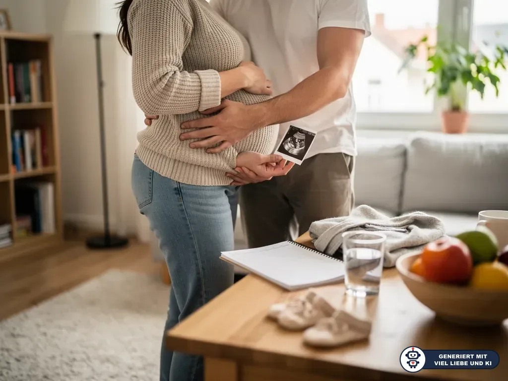Schwangere mit Partner, der ihren Bauch hält und ein Ultraschallbild zeigt, im Wohnzimmer neben Baby-Schuhen. (mit KI erstellt)