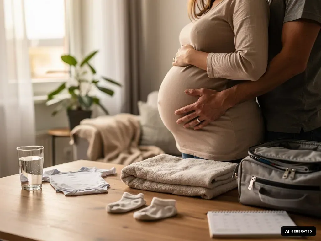 Schwangere mit Partner in der 38. SSW vor gepackter Kliniktasche und Babykleidung auf einem Tisch. (mit KI erstellt)