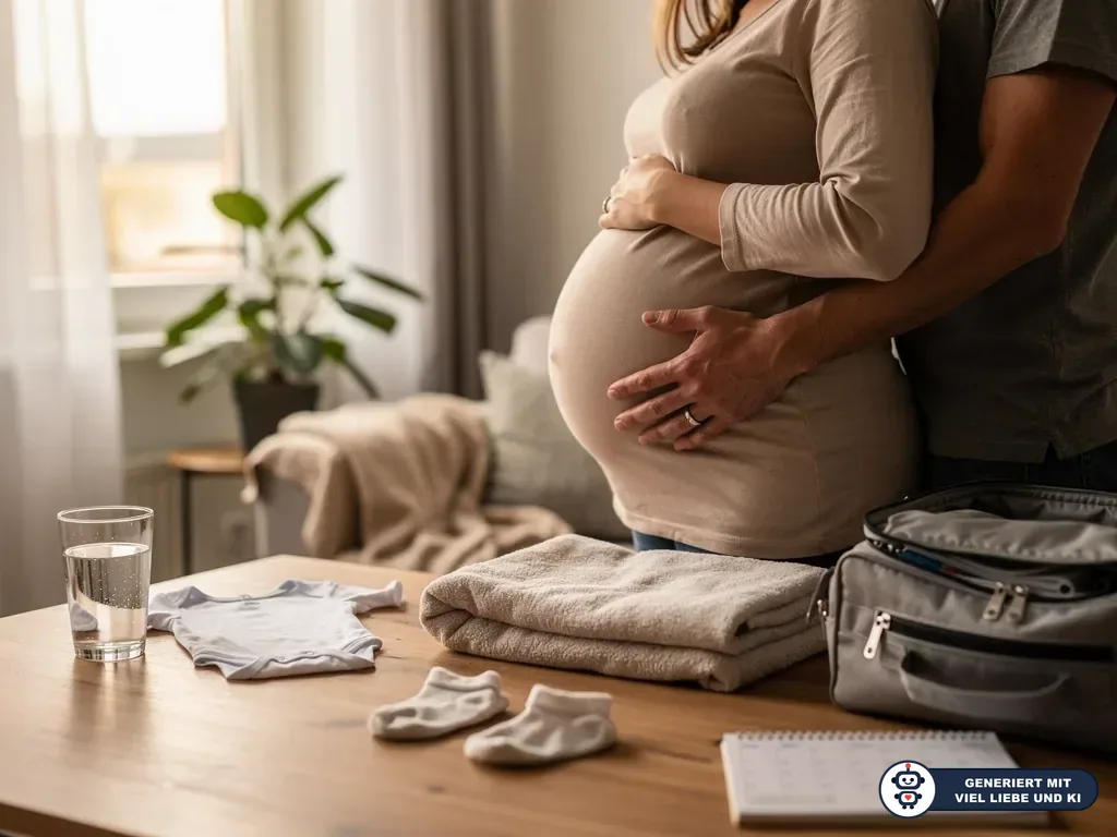 Schwangere mit Partner in der 38. SSW vor gepackter Kliniktasche und Babykleidung auf einem Tisch. (mit KI erstellt)