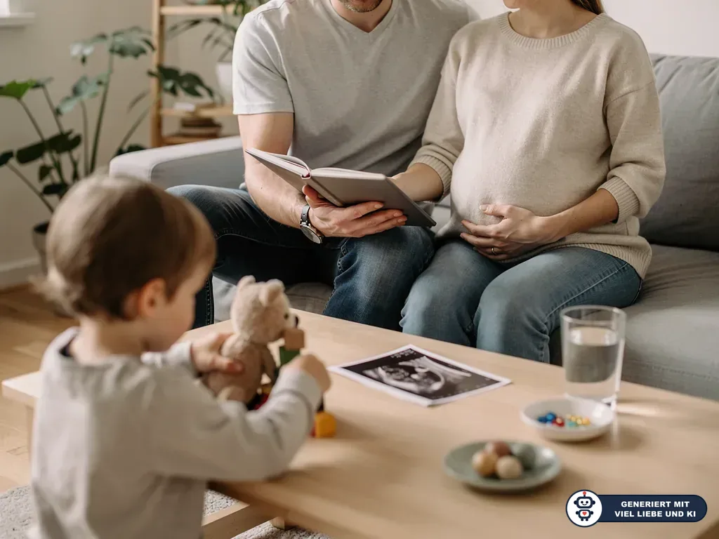 Schwangere mit Partner liest auf dem Sofa, Kind spielt am Tisch neben Ultraschallbild, Wasser und Tabletten. (mit KI erstellt)