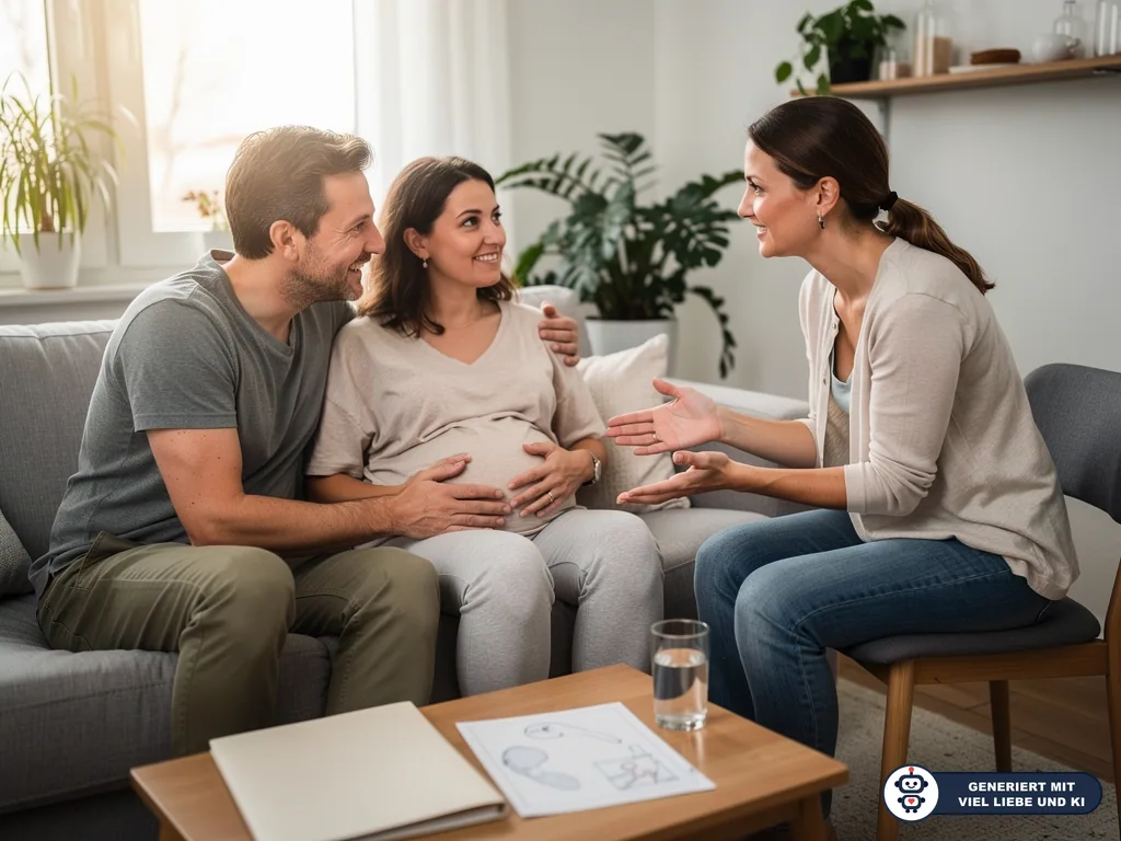Schwangere mit Partner spricht im Wohnzimmer mit einer Beraterin über die Geburt. (mit KI erstellt)