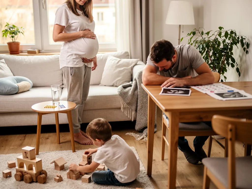 Schwangere mit rundem Babybauch in der 22. SSW steht im Wohnzimmer, Kind spielt, Partner schaut Ultraschallbilder an.