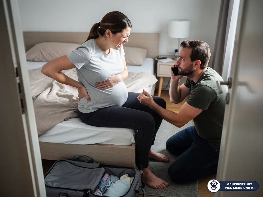 Schwangere mit Schmerzen sitzt auf dem Bett, Partner kniet daneben und telefoniert im Schlafzimmer. (mit KI erstellt)