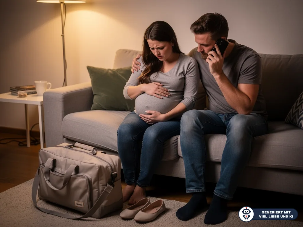 Schwangere mit Wehen sitzt auf dem Sofa, Partner telefoniert, Kliniktasche steht bereit. (mit KI erstellt)