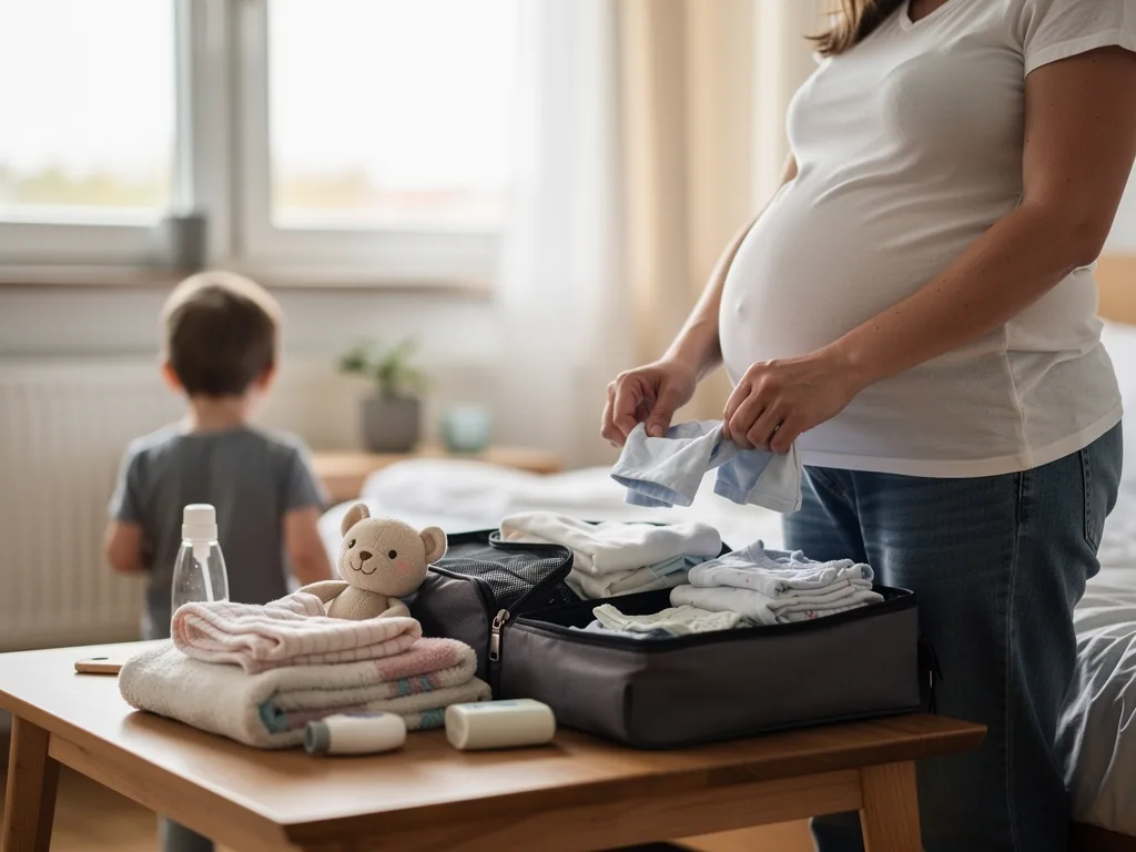 Schwangere packt Babykleidung in Kliniktasche, daneben Babydecke, Kuscheltier und ein Kind im Zimmer.