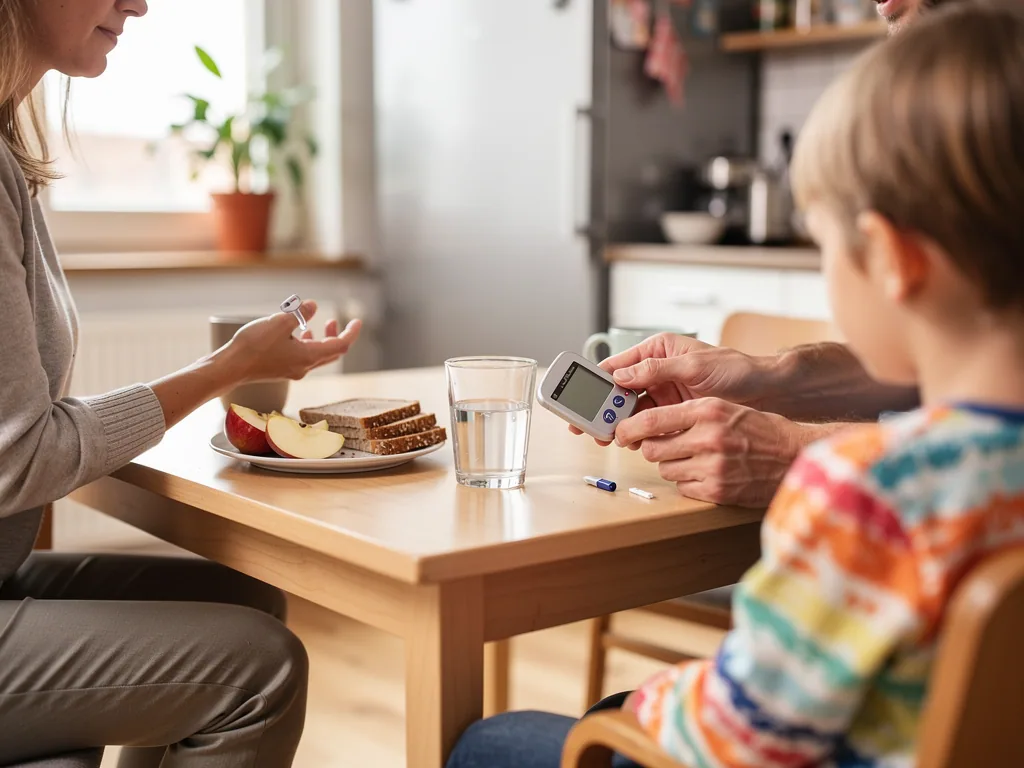 Schwangere, Partner und Kind sitzen am Küchentisch; der Partner hält ein Blutzuckermessgerät neben Wasser und Brot.