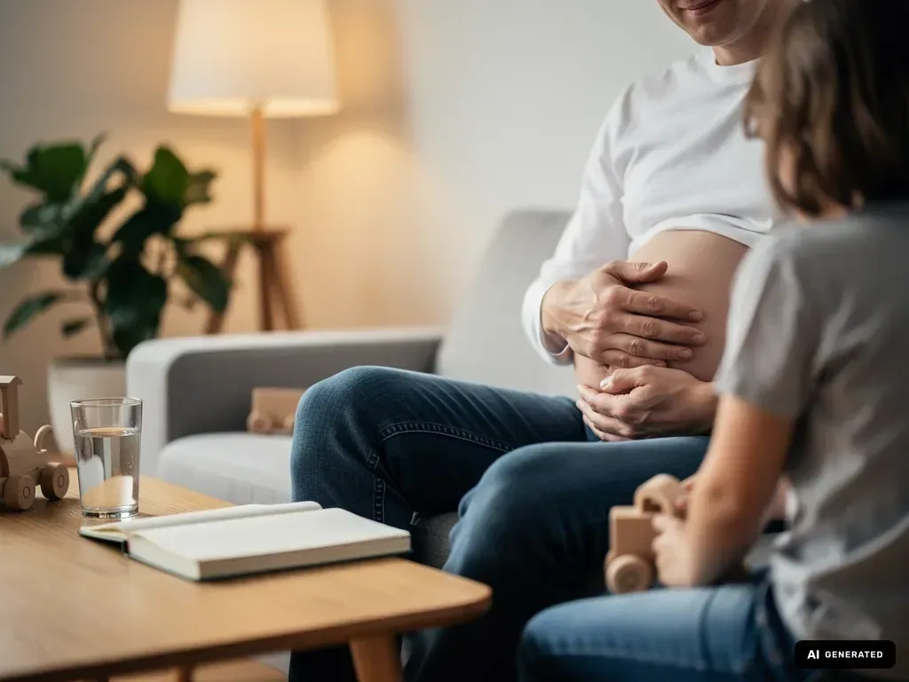 Schwangere Person sitzt auf dem Sofa und hält den Bauch, ein Kind mit Holzspielzeug sitzt daneben. (mit KI erstellt)