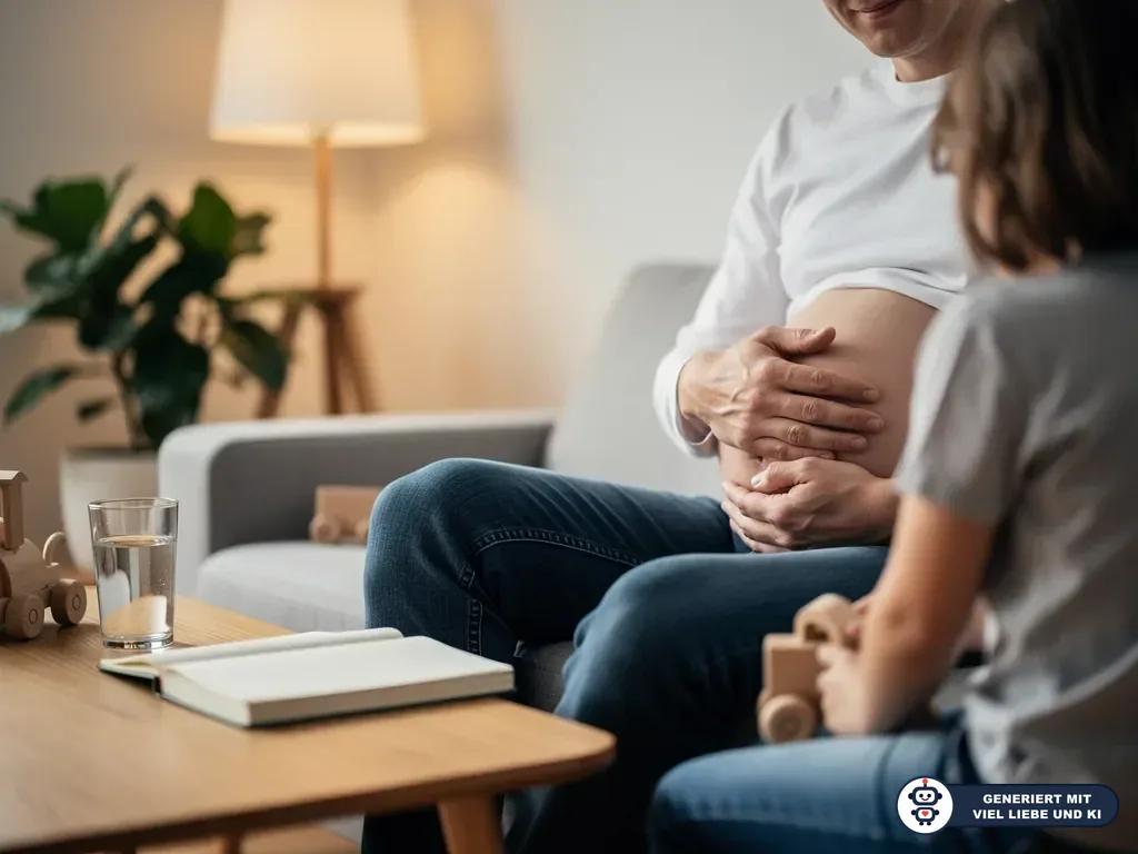 Schwangere Person sitzt auf dem Sofa und hält den Bauch, ein Kind mit Holzspielzeug sitzt daneben. (mit KI erstellt)