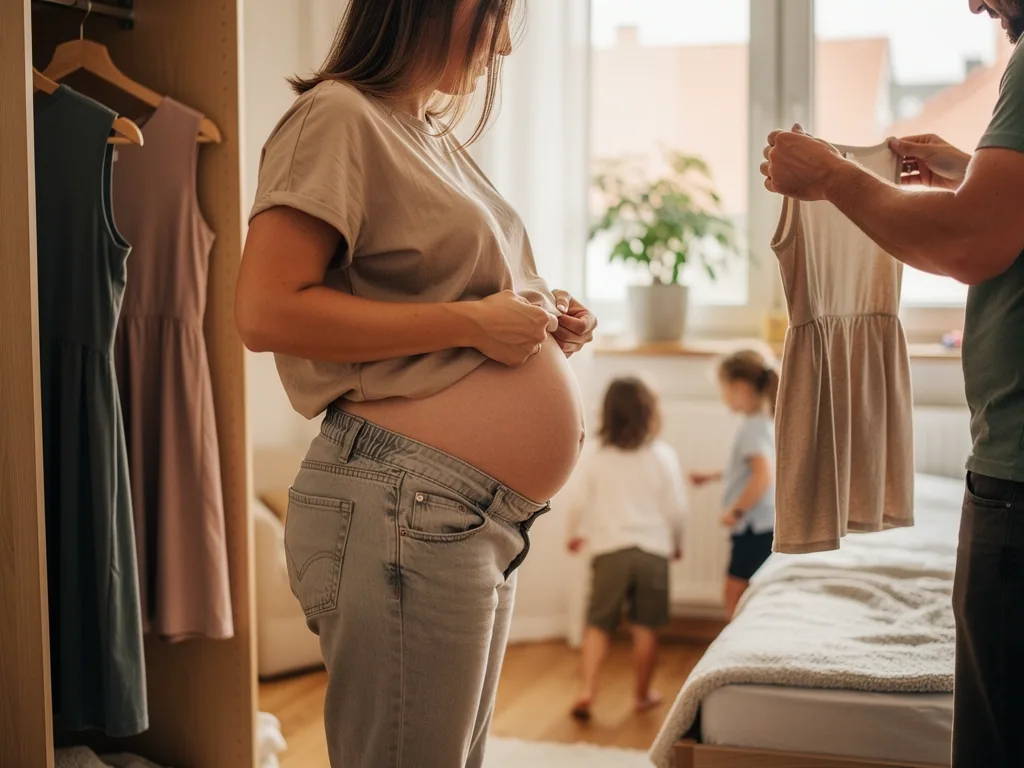 Schwangere probiert Jeans an, Partner hält ein Kleid; Kinder spielen im Schlafzimmer neben hängenden Kleidern.
