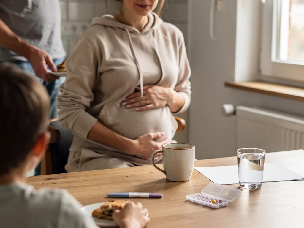 Schwangere sitzt am Küchentisch, Partner bringt Essen; Kind, Schwangerschaftstest, Wasser und Tabletten liegen bereit.