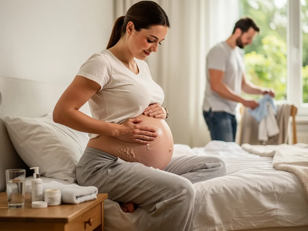 Schwangere sitzt auf dem Bett und cremt ihren Bauch ein; im Hintergrund faltet ein Mann Babykleidung.