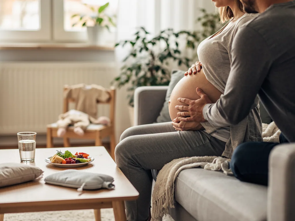 Schwangere sitzt auf dem Sofa, ihr Partner legt beide Hände auf ihren Bauch; daneben Kliniktasche und Snackteller.