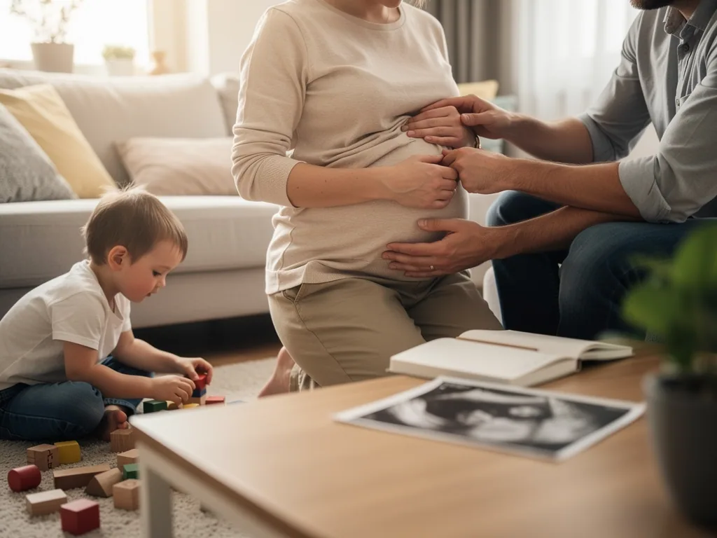 Schwangere sitzt auf dem Sofa, Partner berührt ihren Bauch, Kleinkind spielt neben Ultraschallbild.