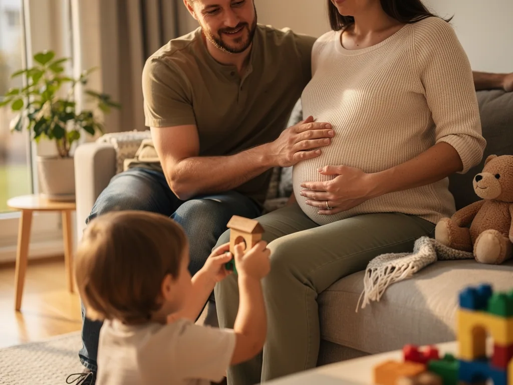Schwangere sitzt auf dem Sofa, Partner berührt ihren Bauch, Kleinkind spielt davor mit Bauklötzen.