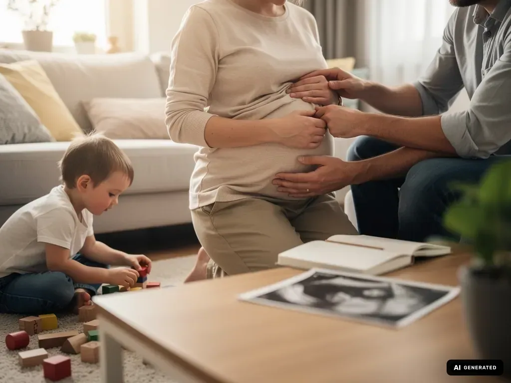 Schwangere sitzt auf dem Sofa, Partner berührt ihren Bauch, Kleinkind spielt neben Ultraschallbild. (mit KI erstellt)