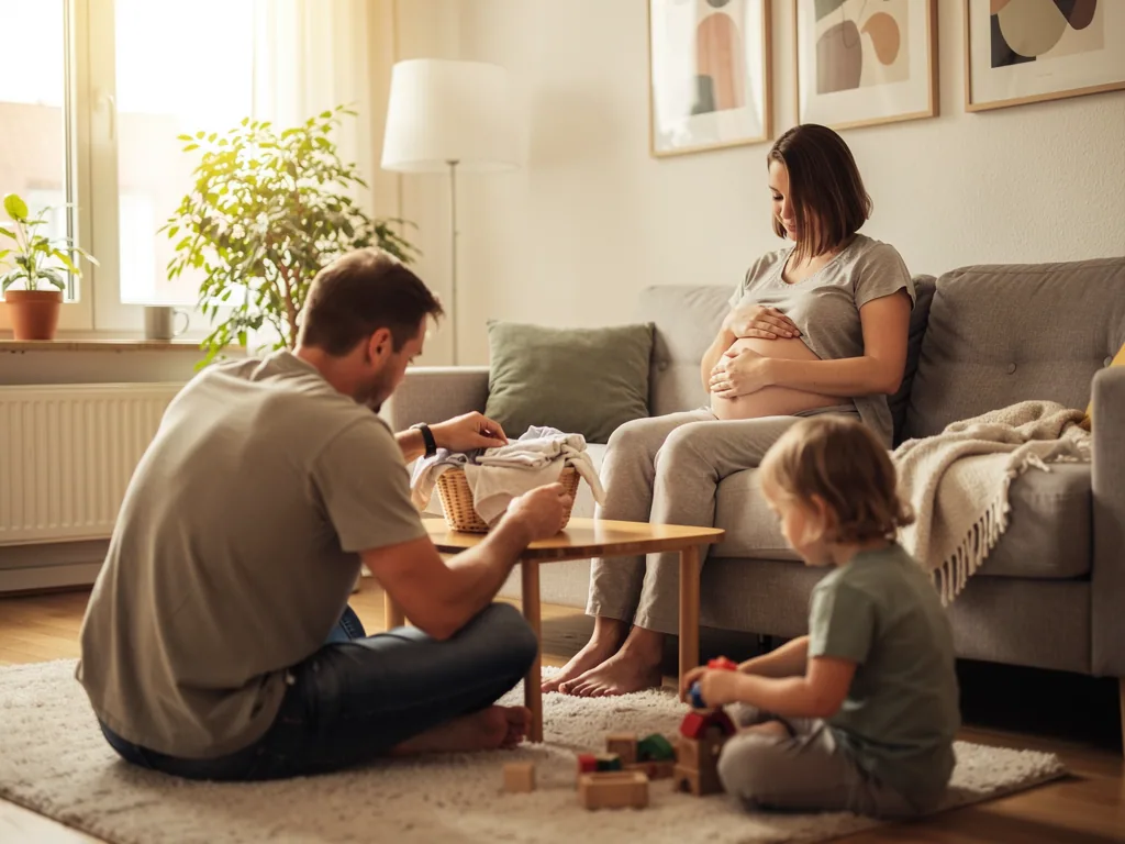 Schwangere sitzt auf dem Sofa, Partner faltet Babykleidung, Kind spielt im Wohnzimmer mit Holzspielzeug.