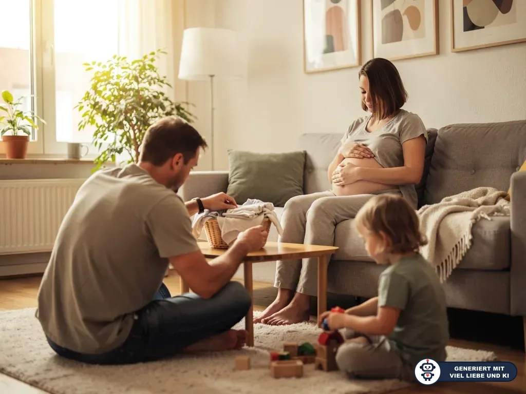 Schwangere sitzt auf dem Sofa, Partner faltet Babykleidung, Kind spielt im Wohnzimmer mit Holzspielzeug. (mit KI erstellt)