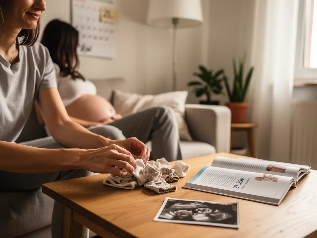 Schwangere sitzt auf dem Sofa, Partner faltet Babykleidung neben Ratgeber und Ultraschallbild auf dem Tisch.