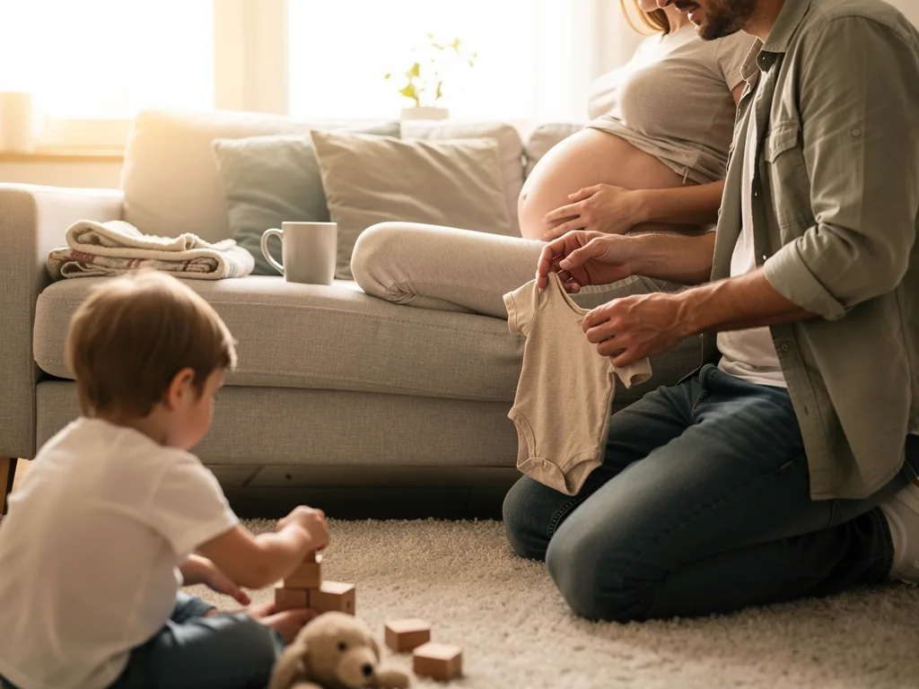 Schwangere sitzt auf dem Sofa, Partner hält Babybody, Kleinkind spielt auf dem Teppich mit Bauklötzen.