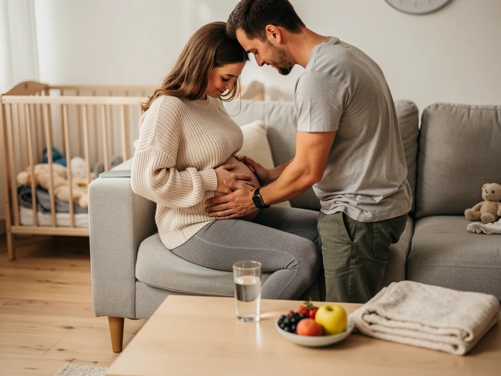 Schwangere sitzt auf dem Sofa, Partner hält ihren Babybauch; im Hintergrund stehen Babybett und Kuscheltier.