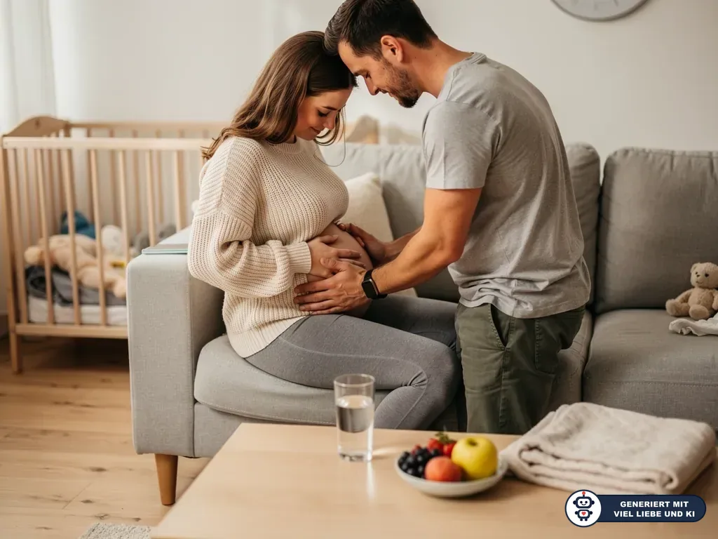 Schwangere sitzt auf dem Sofa, Partner hält ihren Babybauch; im Hintergrund stehen Babybett und Kuscheltier. (mit KI erstellt)
