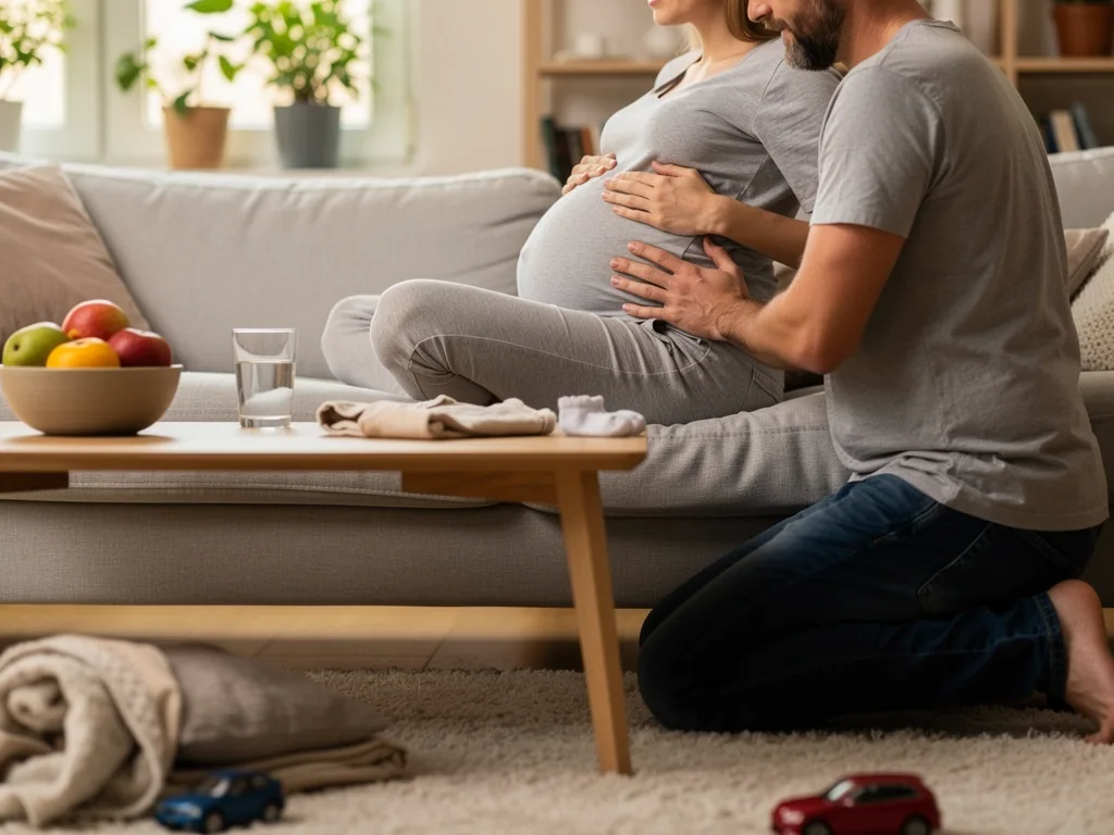 Schwangere sitzt auf dem Sofa, Partner kniet daneben und legt die Hände auf ihren Bauch.