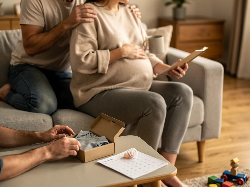 Schwangere sitzt auf dem Sofa, Partner massiert ihre Schultern, Babykleidung und Kalender liegen bereit.